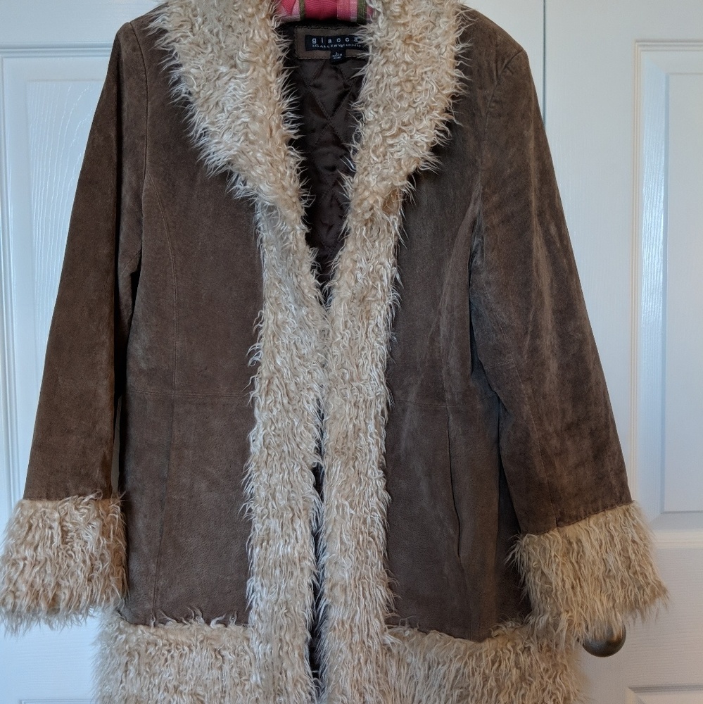Vintage Suede Leather Coat with Faux Fur trim